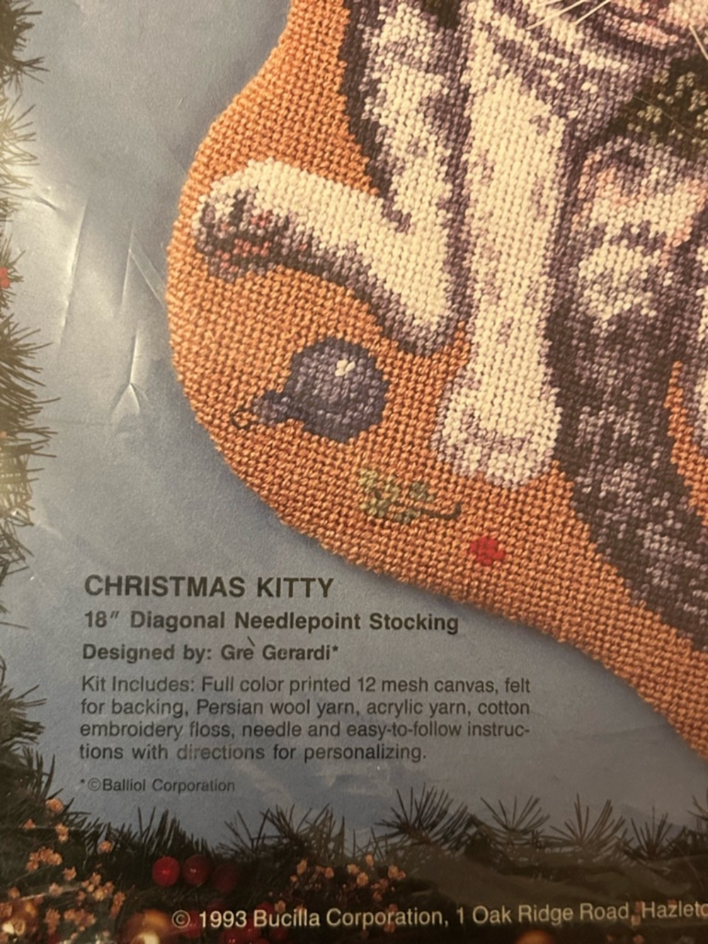 1993 Bucilla Christmas Kitty Needlepoint Stocking #60714 Cat 18” Open Package - Picture 8 of 10